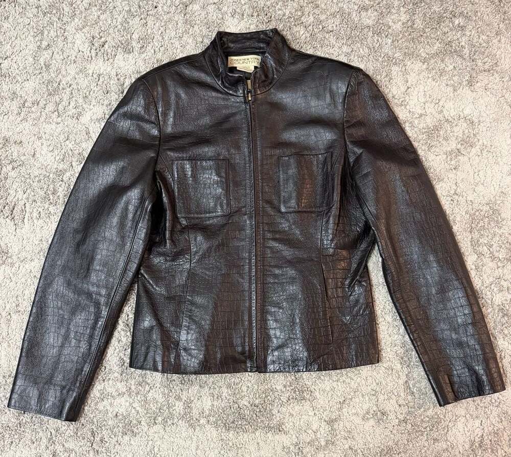 Vintage Jones New York Country 100% Leather Jacket Womens Size 8 Black Y2K Zip